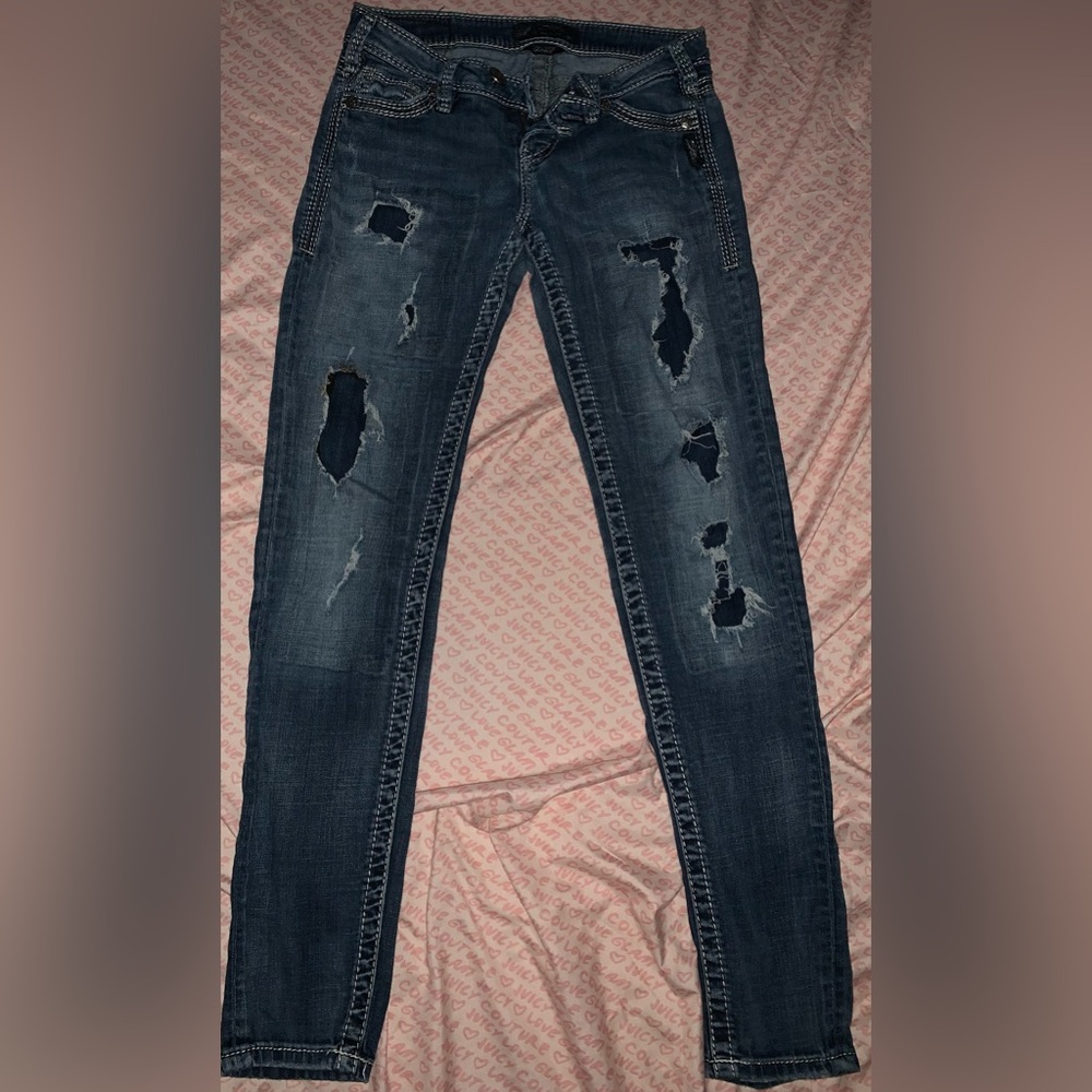Silver Dark Blue Distressed Skinny Jeans